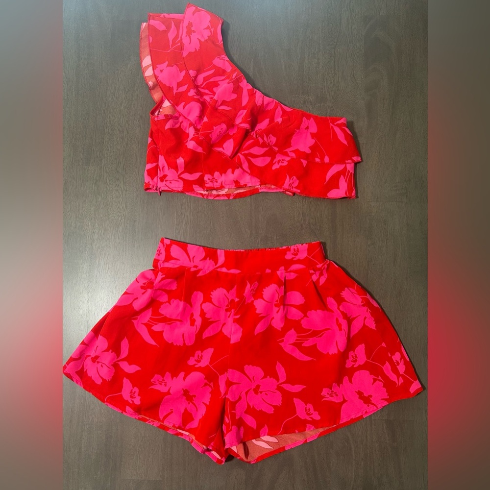 Red and Pink Floral One-Shoulder Top and Shorts Set